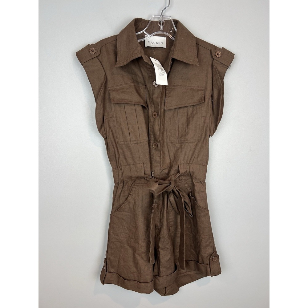 Hausen Brown Romper Womens Size Small Jemma Hemline Linen Blend NWT